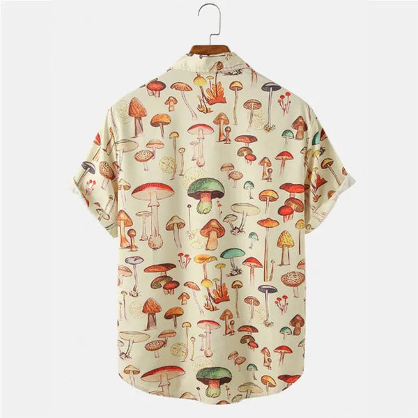 Korte mouw overhemd met kleurrijke paddenstoelenprint, casual stijl, unisex, katoen, ideaal voor zomer, trendy mode, unieke ontwerpen.