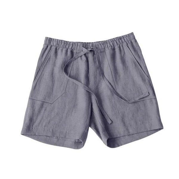 Grijze linnen korte broek met elastische tailleband en trekkoord, twee voorzakken. Perfect voor zomerse casual outfits en strandkleding.