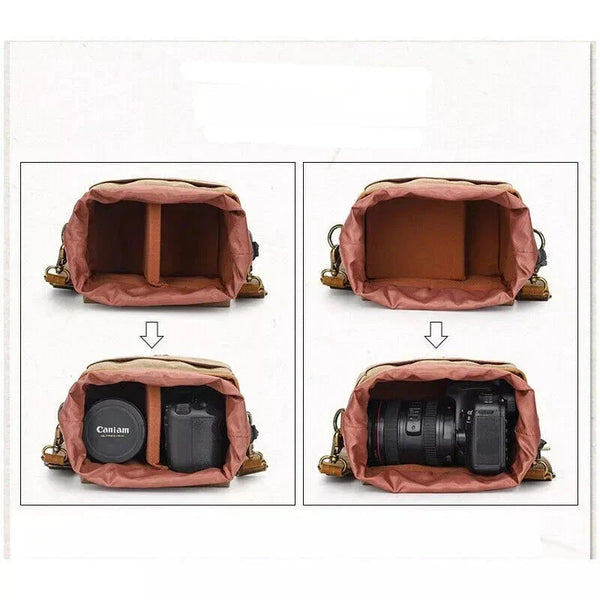 Roze cameratas organizer met verstelbare vakken, geschikt voor Canon camera en lens. Ideaal voor fotografen, biedt bescherming en opbergruimte.