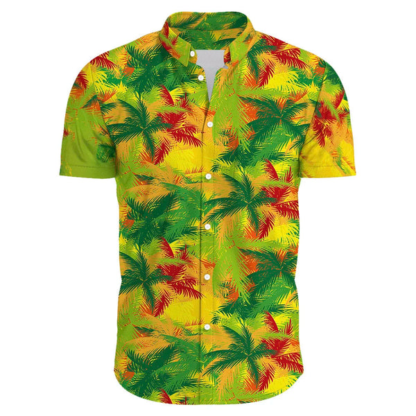 Herenoverhemd met korte mouwen, tropisch palmbladpatroon in groen, geel en rood. Perfect voor zomerse casual outfits en strandkleding.