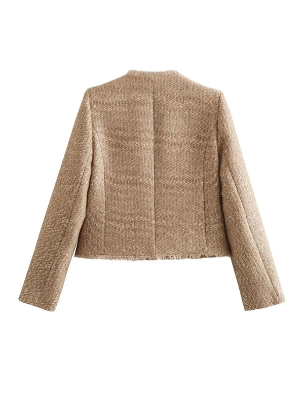 Beige damesblazer van wolmix, achteraanzicht. Elegante, getailleerde pasvorm met lange mouwen. Perfect voor zakelijke en casual outfits.