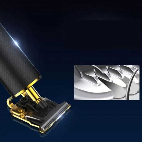 Elektrische tondeuse met gouden accenten en precisiebladen, ideaal voor professioneel haartrimmen. Hoogwaardige scheerapparatuur voor mannen.