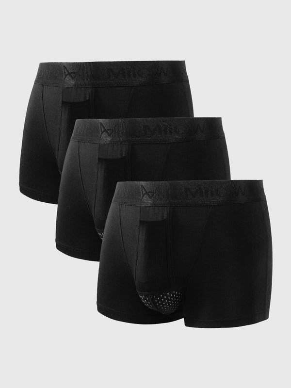 Drie zwarte herenboxershorts met comfortabele pasvorm, gemaakt van ademend materiaal. Ideaal voor dagelijks gebruik. Hoogwaardige kwaliteit ondergoed.