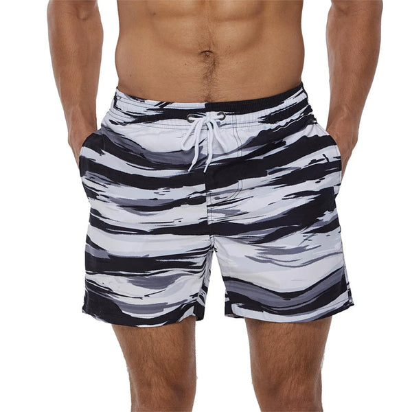 Zwart-wit gestreepte zwembroek voor heren, met elastische tailleband en trekkoord, ideaal voor strand- en zwembadactiviteiten.
