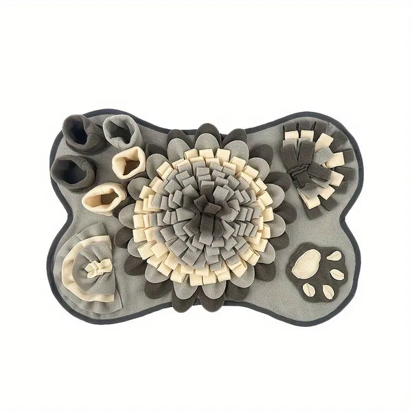 Interactieve snuffelmat voor honden in botvorm, grijs en beige, ideaal voor mentale stimulatie en langzaam voeren. Perfect voor huisdiertraining.
