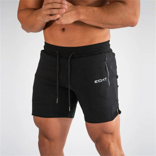 Zwarte sportshorts voor heren met trekkoord en zakken, merk ECHT. Ideaal voor fitness en hardlopen. Comfortabele pasvorm, ademend materiaal.