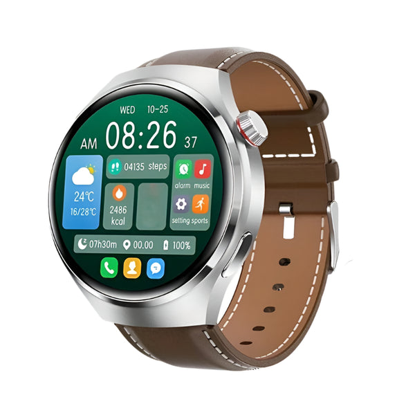 Moderne smartwatch met zilveren behuizing en bruin leren bandje, toont kleurrijk touchscreen met tijd, weer, stappen en calorieën. Draagbare technologie.