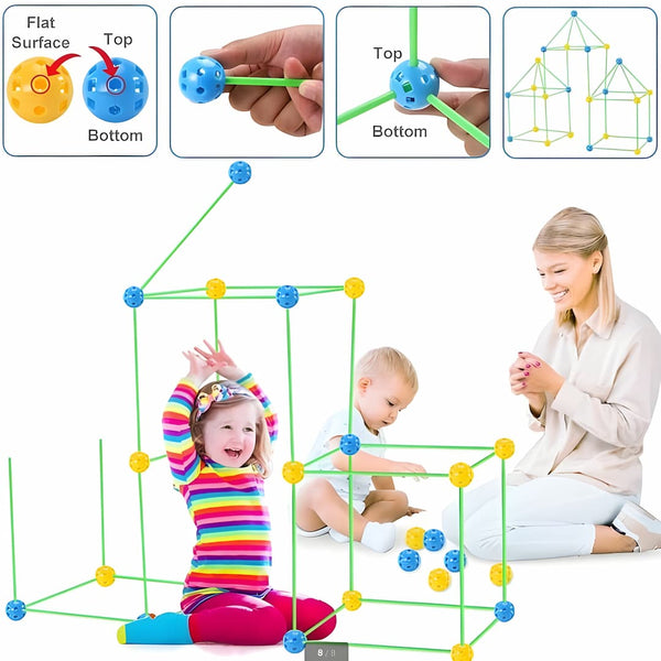 Kinderspeelgoed bouwset met kleurrijke stokken en bollen, ideaal voor creatieve constructies. Inclusief kinderen die spelen en bouwen.