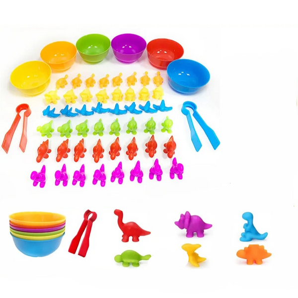 Kleurrijke sorteerbakjes en dinosaurusfiguren speelgoedset voor kinderen, educatief en leerzaam, ideaal voor motorische ontwikkeling en kleurherkenning.