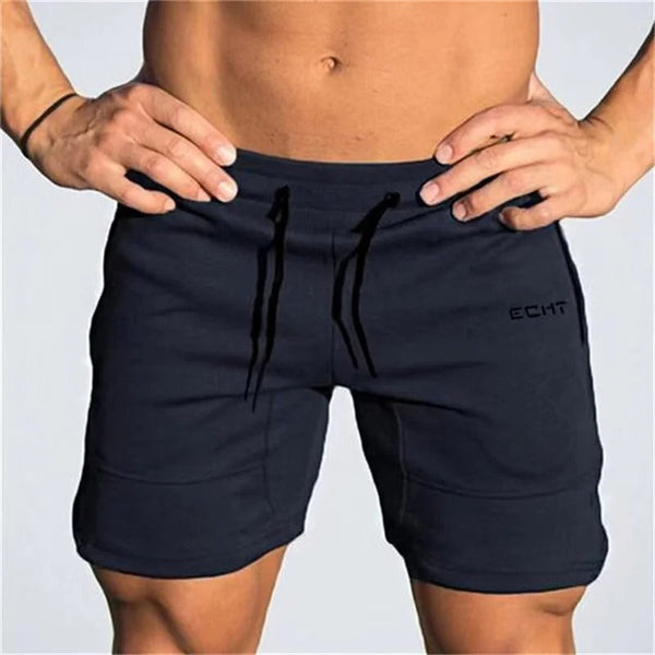 Zwarte sportshorts voor heren, merk ECHT, met trekkoord en comfortabele pasvorm. Ideaal voor fitness, hardlopen en casual sportkleding.