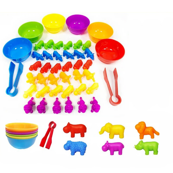 Kleurrijke sorteer- en telset met dierenfiguren, kommen en pincetten voor educatief speelgoed. Ideaal voor kinderen, leren en motorische vaardigheden.