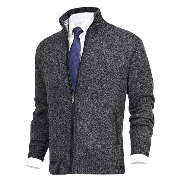 Grijze gebreide herenvest met ritssluiting, gedragen over een witte overhemd en blauwe stropdas. Stijlvolle zakelijke casual outfit.