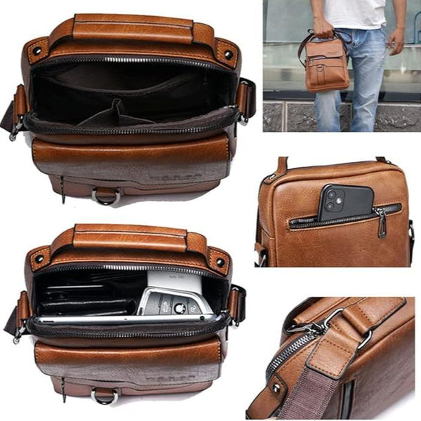 Bruine leren schoudertas voor heren met meerdere vakken, ritssluiting en verstelbare riem. Ideaal voor dagelijks gebruik en stijlvolle accessoires.