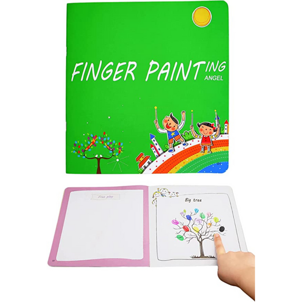 Groen kinderboek "Finger Painting" met kleurrijke illustraties en vingerverfactiviteiten. Educatief speelgoed voor creatieve ontwikkeling.