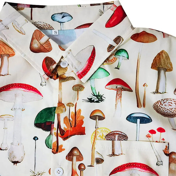 Overhemd met kleurrijke paddenstoelenprint, korte mouwen, knoopsluiting, casual stijl. Perfect voor herfstmode en unieke herenkleding.