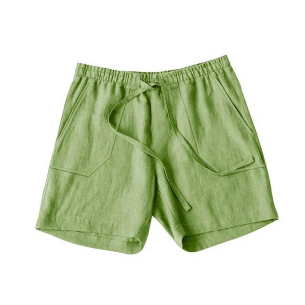 Groene linnen korte broek met elastische tailleband en trekkoord, twee voorzakken. Perfect voor zomerse casual outfits en strandkleding.