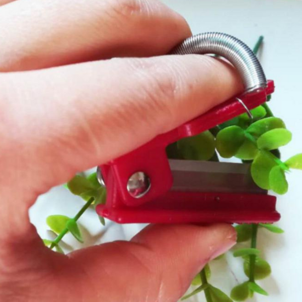 Hand houdt een rode nietjesverwijderaar vast, omgeven door groene bladeren. Kantoorbenodigdheden, nietjesverwijderaar, efficiëntie, bureau-accessoires.