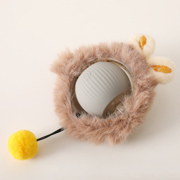 Pluche kattenkraag met konijnenoren en gele pompon, ideaal voor huisdierfotografie en kattenaccessoires. Zachte, schattige kattenmode.