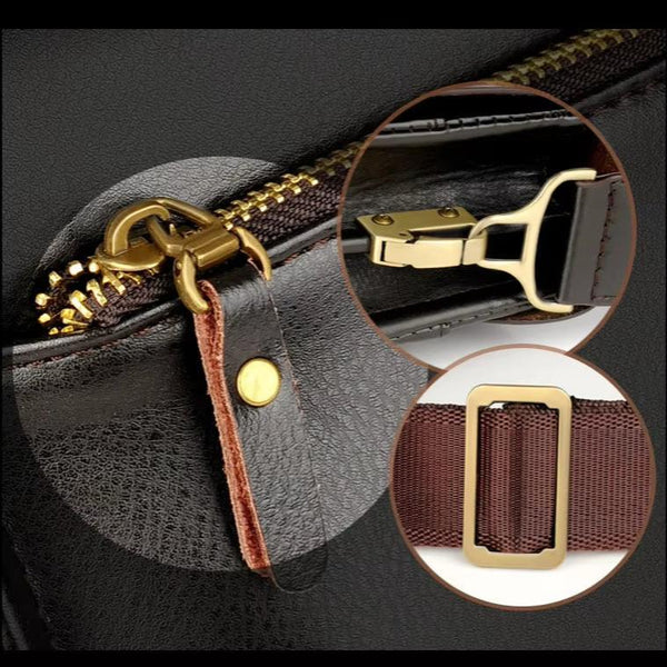 Zwarte leren tas met gouden rits en gesp details, close-up van hoogwaardige afwerking en bruine riem. Luxe modeaccessoire voor dames.