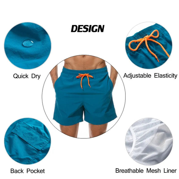 Blauwe zwembroek met oranje koord, sneldrogend, verstelbare taille, ademende mesh voering, achterzak. Ideaal voor strand en zwembad.