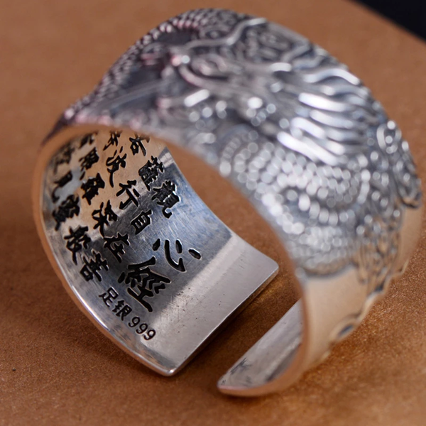 Zilveren open ring met drakenmotief en Chinese karakters, handgemaakt, 999 puur zilver, unisex design, sieraden, cadeau-idee.