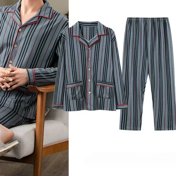 Gestreepte herenpyjama set, blauw met rode accenten, knoopsluiting, lange mouwen en broek, comfortabele nachtkleding, moderne stijl.