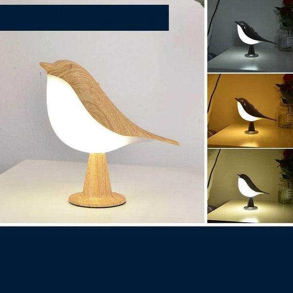 Houten vogel tafellamp met LED-verlichting, modern design, warm wit licht, decoratieve nachtlamp voor slaapkamer of woonkamer, energiezuinig.