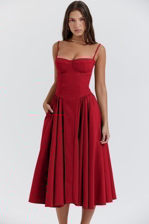 Jonge vrouw in elegante rode midi-jurk met spaghettibandjes, perfect voor avondkleding of feestelijke gelegenheden. Stijlvol en modieus ontwerp.