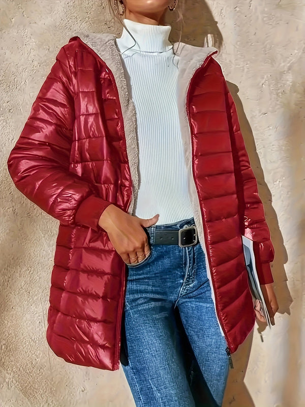 Rode gewatteerde jas voor dames, modieus en warm, perfect voor herfst en winter. Stijlvol ontwerp met ritssluiting, ideaal voor casual outfits.