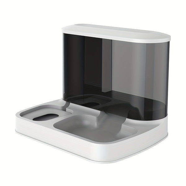 Moderne witte kattenbak met geïntegreerde voer- en waterbakken, minimalistisch design, ideaal voor kattenverzorging en hygiëne in huis.