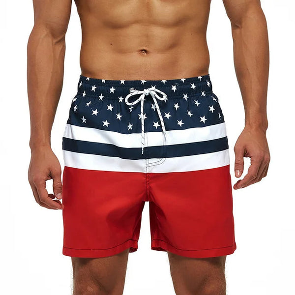 Heren zwemshorts met Amerikaanse vlag print, sterren en strepen, rood-wit-blauw design, ideaal voor strand en zwembad, zomer mode.