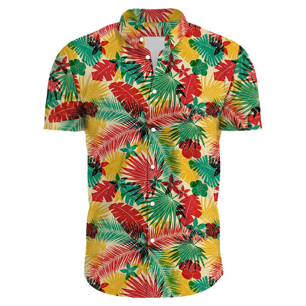 Heren Hawaii overhemd met kleurrijke tropische bladeren en bloemenprint, korte mouwen, knoopsluiting, ideaal voor zomerse casual outfits.