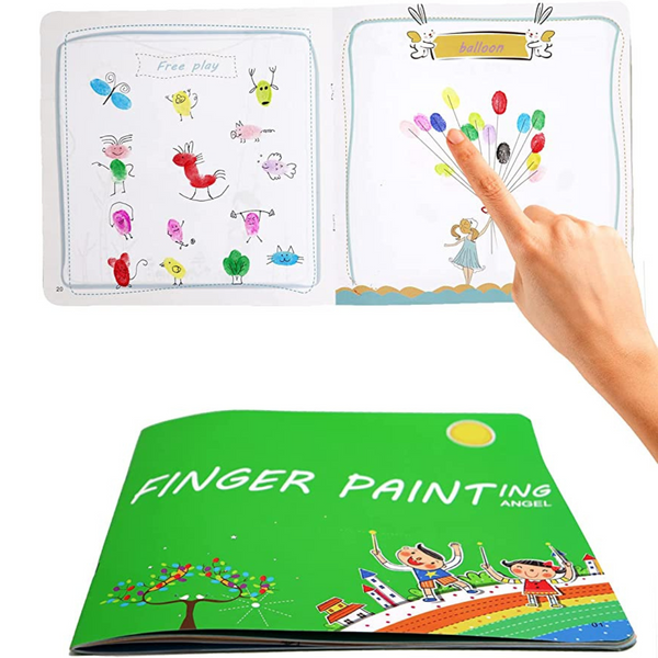 Groen vingerverfschilderboek voor kinderen, opengeklapt met kleurrijke tekeningen van dieren en ballonnen. Educatief speelgoed voor creativiteit.