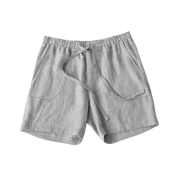 Grijze linnen korte broek met elastische tailleband en trekkoord, geschikt voor casual zomeroutfits. Comfortabele en ademende stof.