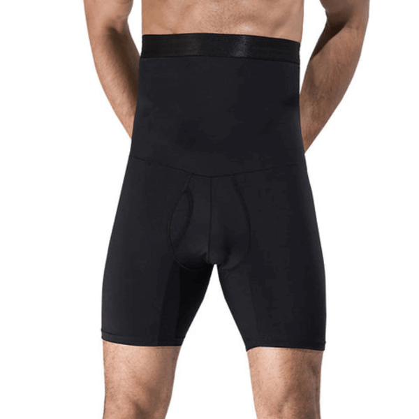 Zwarte herenshaper met hoge taille, naadloos ontwerp en compressie voor buik en dijen. Ideaal voor slankmakende en ondersteunende pasvorm.