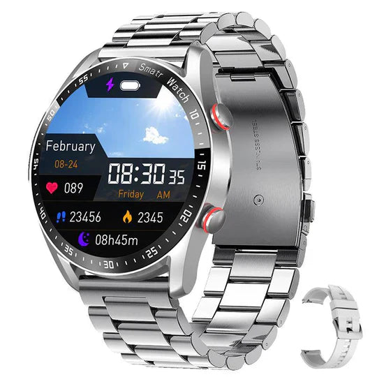 Zilveren smartwatch met metalen band, kleurenscherm, datum- en tijdweergave, hartslagmeter en stappenteller. Geschikt voor fitness en dagelijks gebruik.