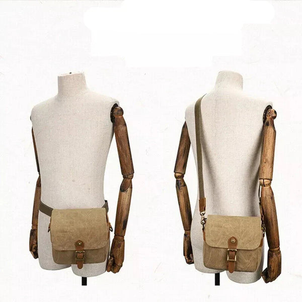 Canvas schoudertas op paspop, unisex design, verstelbare riem, ideaal voor dagelijks gebruik. Stijlvolle en duurzame tas voor heren en dames.