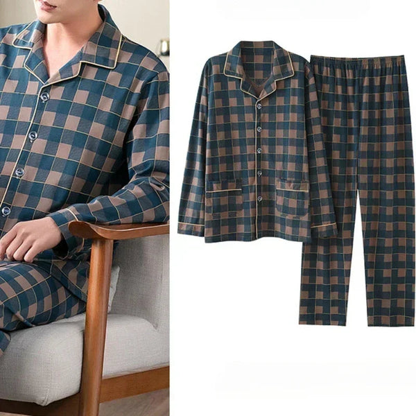 Geruite pyjama set voor heren, blauw en bruin, lange mouwen, knoopsluiting, comfortabele nachtkleding, modieus design, katoenmix.