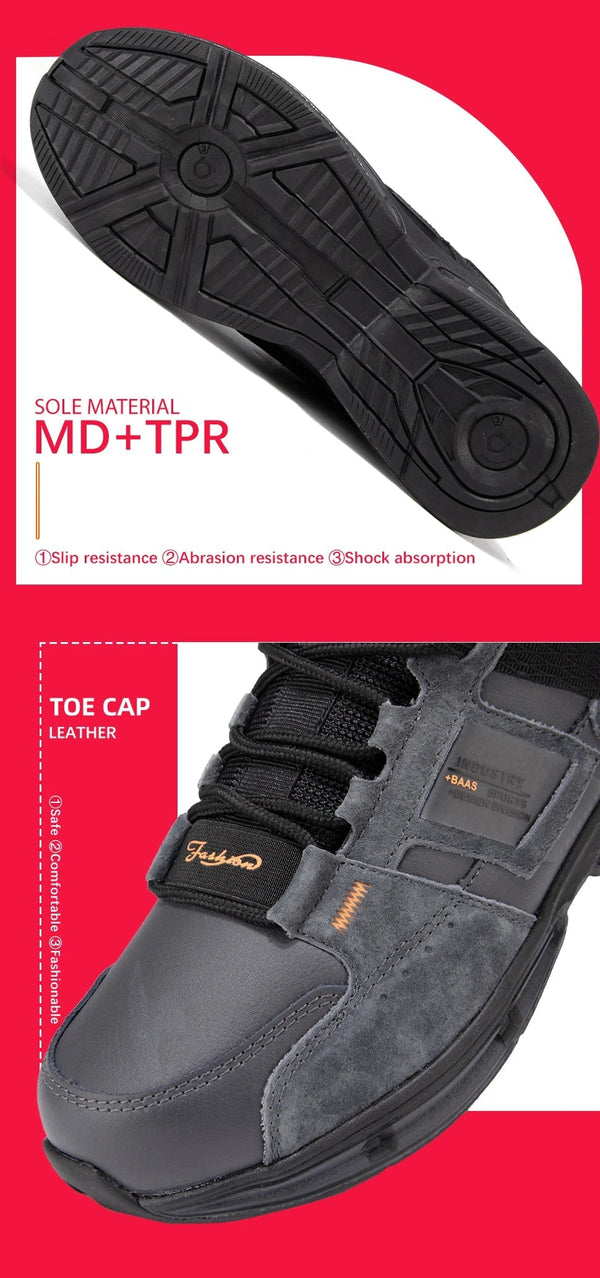 Grijze veiligheidsschoen met leren neus, antislip zool van MD+TPR, schokabsorptie en slijtvastheid. Ideaal voor werkbescherming en comfort.