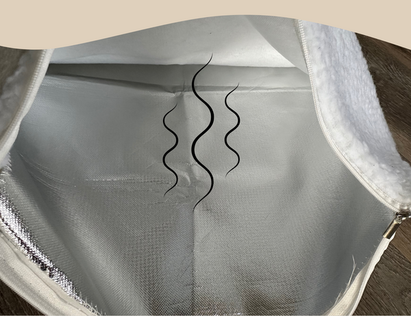 Witte thermische tas met zilveren isolatie en ritssluiting, ideaal voor het warm of koud houden van voedsel. Perfect voor picknicks en boodschappen.