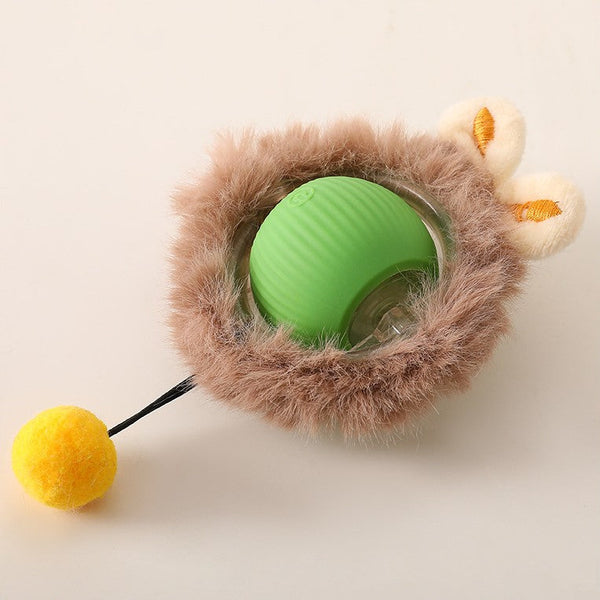 Pluche kattenspeeltje met groene bal en gele pompon, ideaal voor kattenentertainment. Zachte textuur, duurzaam en aantrekkelijk voor huisdieren.