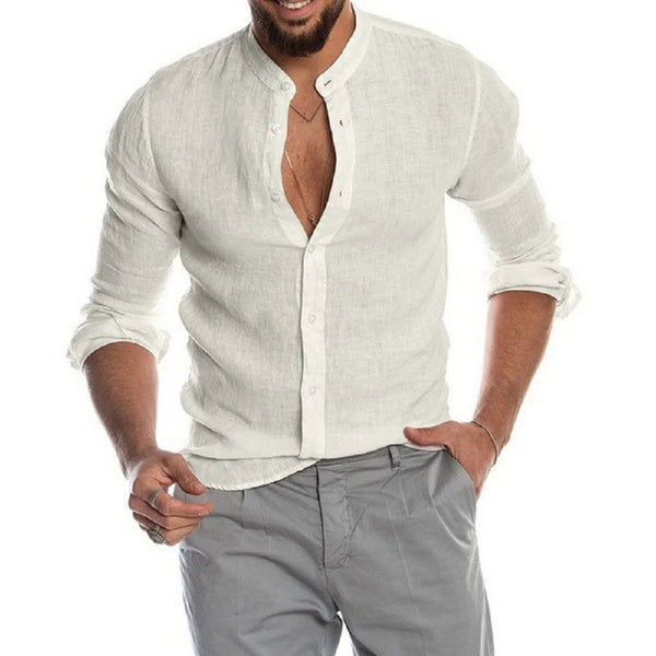 Witte linnen herenoverhemd met opgerolde mouwen, casual stijl. Perfect voor zomermode, ademend en comfortabel. Geschikt voor elke gelegenheid.