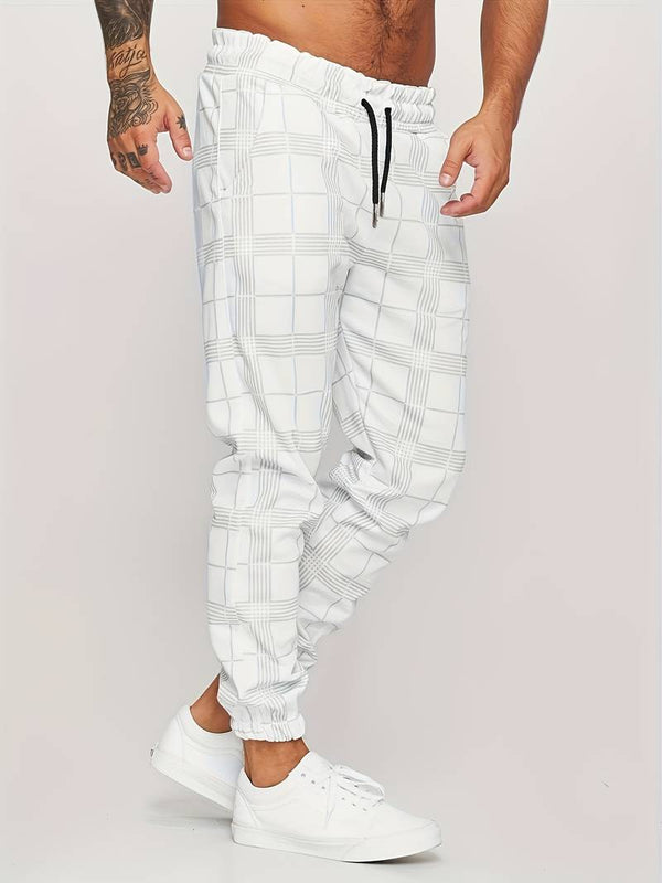 Witte geruite joggingbroek voor heren, casual sportkleding, elastische tailleband, comfortabele pasvorm, trendy streetwear, mode 2023.
