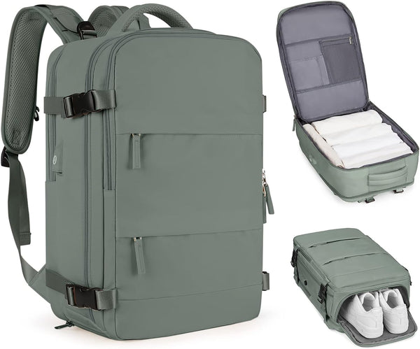Groene multifunctionele rugzak met laptopvak, schoenencompartiment en georganiseerde opbergruimte. Ideaal voor reizen en dagelijks gebruik.