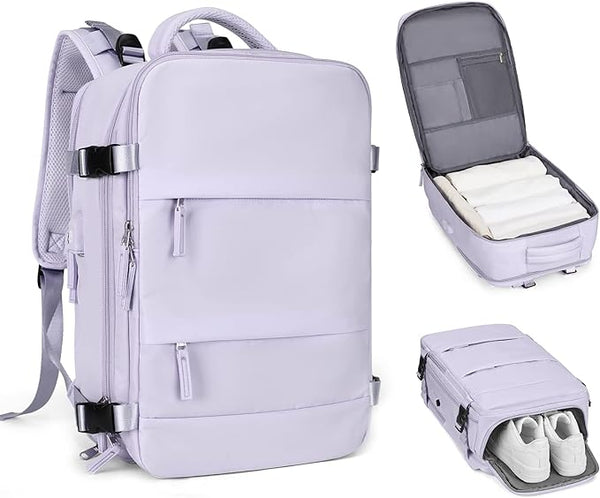 Lichtpaarse multifunctionele rugzak met laptopvak, schoenencompartiment en meerdere ritsvakken, ideaal voor reizen en dagelijks gebruik.