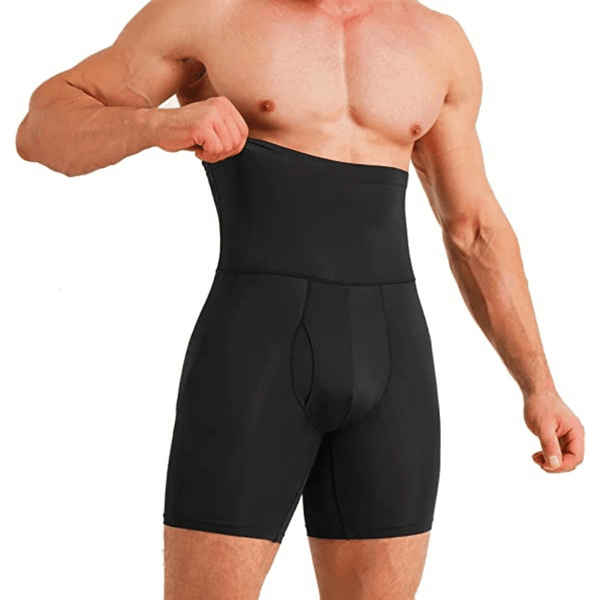 Man draagt zwarte corrigerende herenshaper met hoge taille, ideaal voor buikcontrole en slankmakend effect. Perfecte shapewear voor mannen.