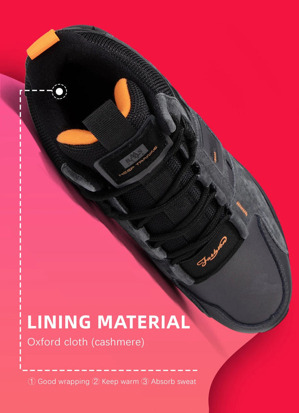 Grijze sneaker met zwarte en oranje accenten, Oxford stof voering, cashmere, op rode achtergrond. Comfortabel, ademend, warm.