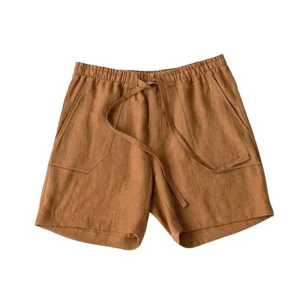 Bruine linnen korte broek met elastische tailleband en trekkoord, casual zomerstijl voor heren, comfortabele pasvorm, ideaal voor warme dagen.
