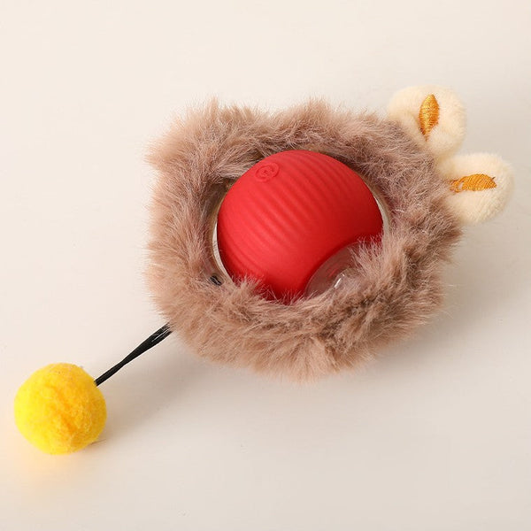 Pluizig katten speeltje met rode bal en gele pompon, ideaal voor interactieve kattenactiviteiten. Perfect voor kattenvermaak en speelplezier.