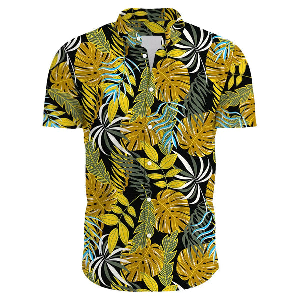 Herenoverhemd met korte mouwen, tropisch bladpatroon, zwart-geel-blauw, casual zomerstijl, modetrend, comfortabele pasvorm.